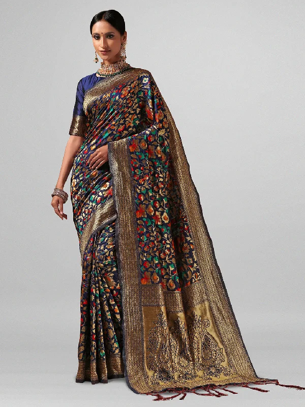 [Ready SG Stock] Navy Blue Chanderi Silk Pashmina Saree with attached Blouse Material - Indian saree Feminine Puff Blouse