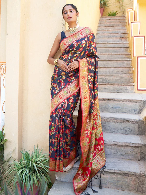 [Ready SG Stock] Navy Blue Chanderi Silk Pashmina Saree with attached Blouse Material - Indian saree Flowy Bohemian Blouse