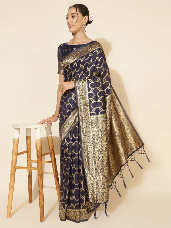 [Ready SG Stock] Navy Blue Chanderi Silk Unique Woven Geometric Motifs Saree with attached Blouse Material - Indian saree Loose Oversized Blouse