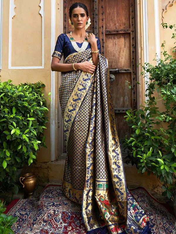 [Ready SG Stock] Navy Blue Paithani Silk Woven Ethnic Motifs Saree with attached Blouse Material - Indian saree Feminine Tie Blouse