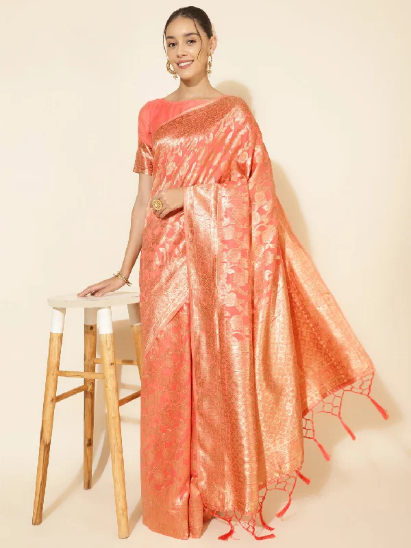 [Ready SG Stock] Peach Chanderi Silk Floral Saree with attached Blouse Material - Indian saree Wrap Front Blouse