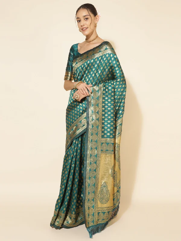 [Ready SG Stock] Peacock Green Banarasi Silk Woven Ethnic Motif Saree with attached Blouse Material - Indian saree Chic Off-Shoulder Blouse