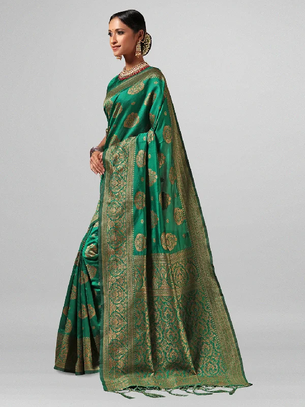 [Ready SG Stock] Peacock Green Silk Blend Woven Ethnic Motifs Saree with attached Blouse Material - Indian saree Classic Striped Blouse