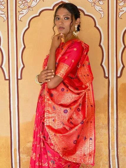 [Ready SG Stock] Pink Banarasi Silk Floral Saree with attached Blouse Material - Indian saree Smart Casual Blouse