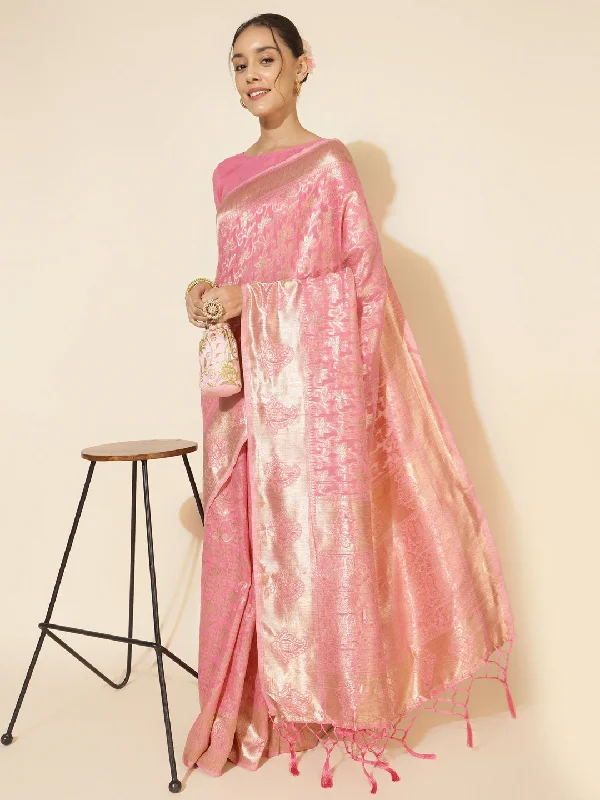 [Ready SG Stock] Pink Chanderi Silk Floral Saree with attached Blouse Material - Indian saree Modern Work Blouse