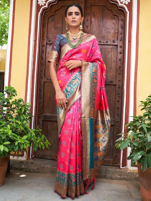 [Ready SG Stock] Pink Cotton Silk Woven Ethnic Motifs Saree with attached Blouse Material - Indian saree Sheer Mesh Blouse