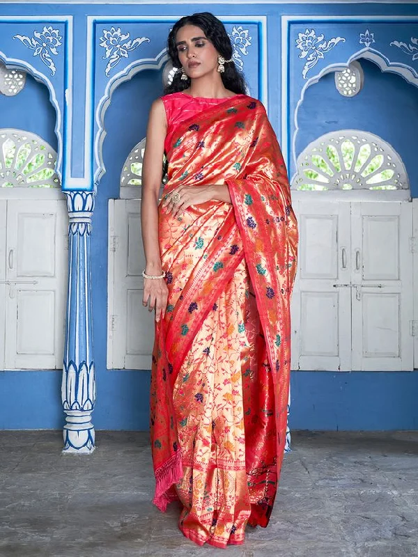 [Ready SG Stock] Pink Paithani Silk Woven Ethnic Motifs Saree with attached Blouse Material - Indian saree Balloon Sleeve Blouse