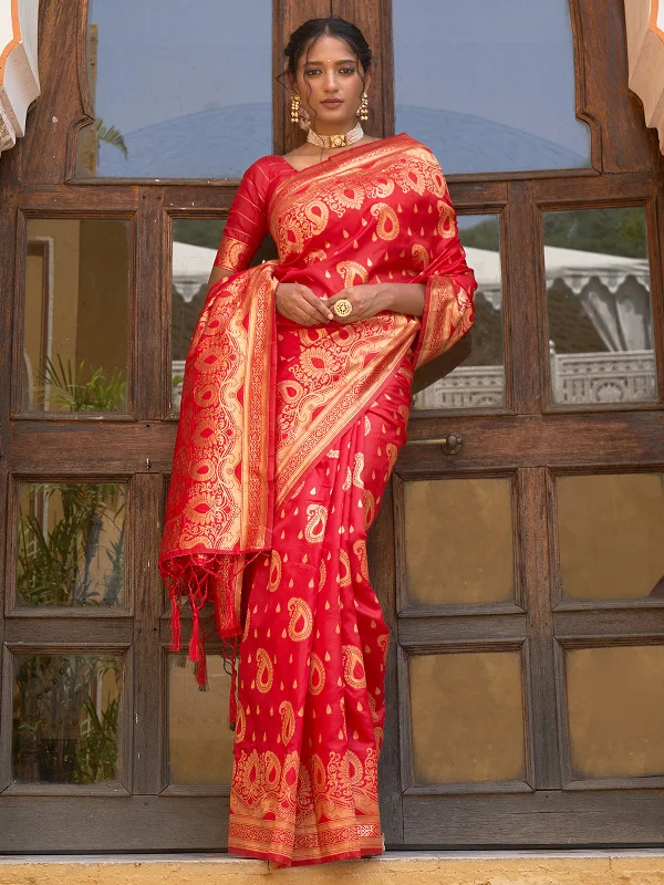 [Ready SG Stock] Red Banarasi Silk Paisley Saree with attached Blouse Material - Indian saree Balloon Sleeve Blouse