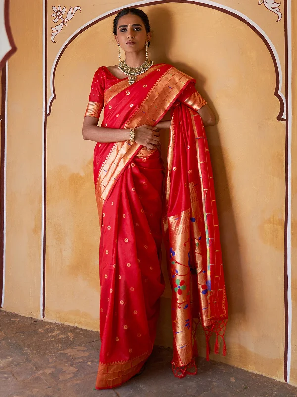 [Ready SG Stock] Red Paithani Silk Woven Ethnic Motifs Saree with attached Blouse Material - Indian saree Office-Ready Blouse