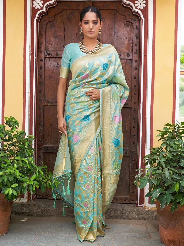 [Ready SG Stock] Sea Green Banarasi Silk Woven Floral DesignSaree with attached Blouse Material - Indian saree Side Tie Blouse
