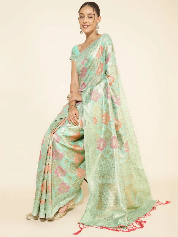 [Ready SG Stock] Sea Green Chanderi Silk Floral Saree with attached Blouse Material - Indian saree Oversized Silk Blouse