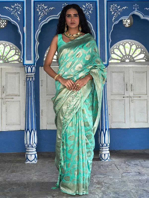 [Ready SG Stock] Sea Green Chanderi Silk Floral Saree with attached Blouse Material - Indian saree High Neck Blouse