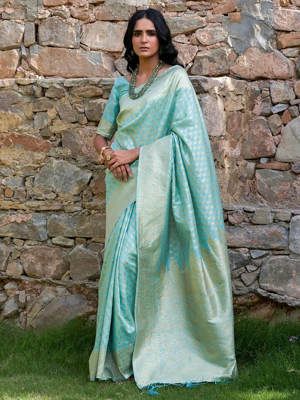 [Ready SG Stock] Sea Green Chanderi Silk Paisley Saree with attached Blouse Material - Indian saree Elegant Peplum Blouse