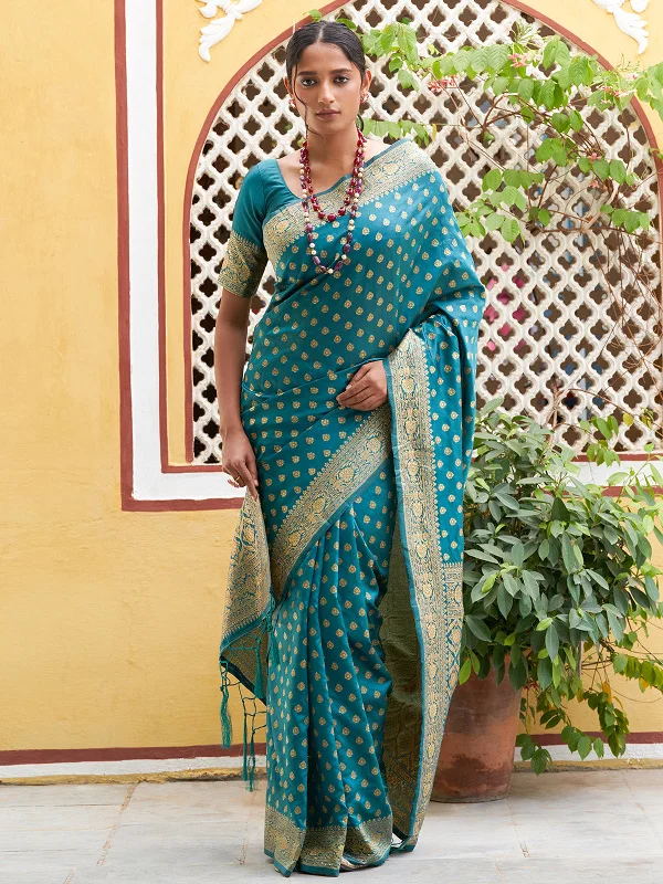 [Ready SG Stock] Teal Green Banarasi Silk Ethnic Motifs Saree with attached Blouse Material - Indian saree Feminine Pastel Blouse