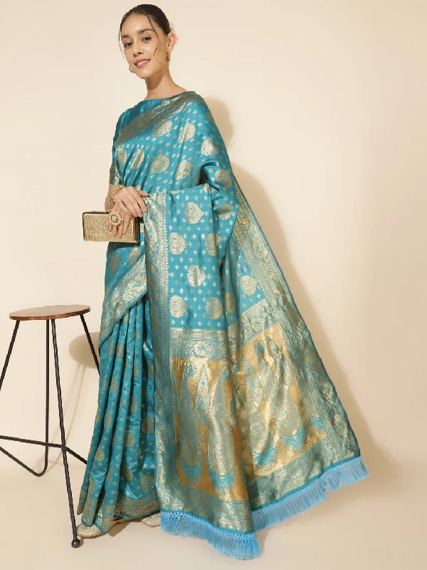 [Ready SG Stock] Turquoise Blue Banarasi Silk Woven Ethnic Motifs Saree with attached Blouse Material - Indian saree Lightweight Tunic Blouse