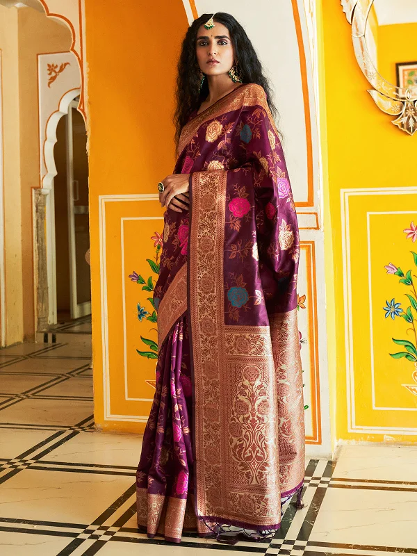 [Ready SG Stock] Wine Banarasi Silk Floral Saree with attached Blouse Material - Indian saree Elegant Embroidery Blouse