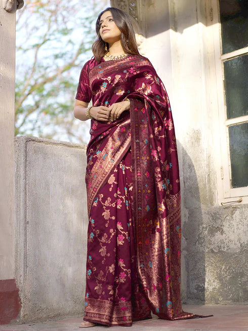 [Ready SG Stock] Wine Banarasi Silk Floral Saree with attached Blouse Material - Indian saree Subtle Shimmer Blouse