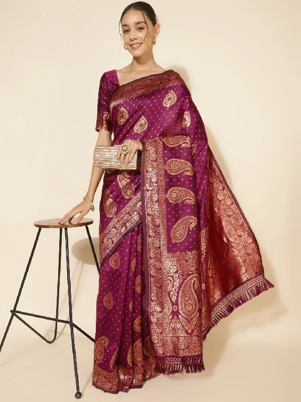 [Ready SG Stock] Wine Banarasi Silk Paisley Saree with attached Blouse Material - Indian saree Ruffled Neck Blouse