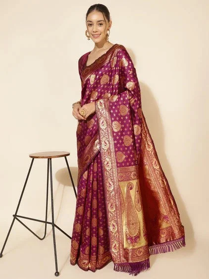[Ready SG Stock] Wine Banarasi Silk Woven Ethnic Motif Saree with attached Blouse Material - Indian saree Peter Pan Collar Blouse