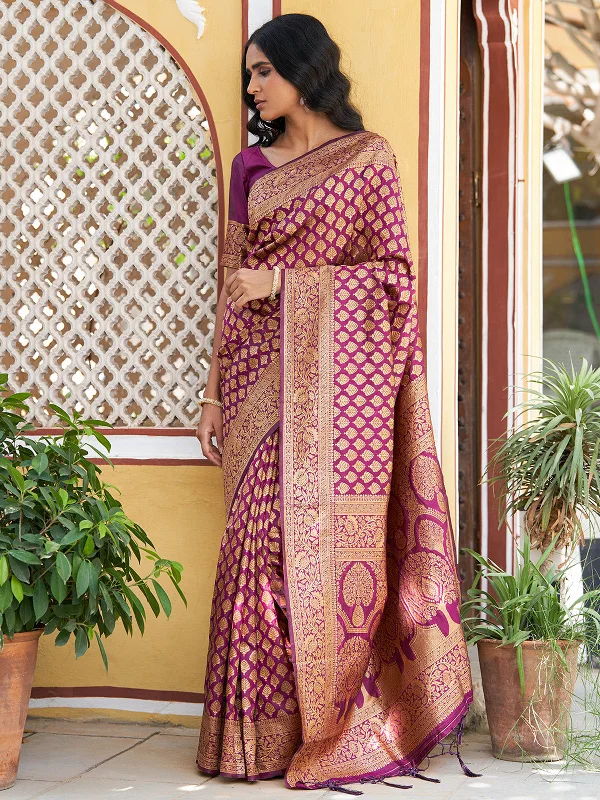 [Ready SG Stock] Wine Banarasi Silk Woven Ethnic Motif Saree with attached Blouse Material - Indian saree Business Casual Blouse