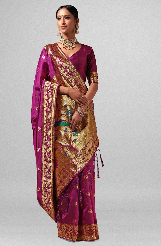 [Ready SG Stock] Wine Cotton Silk Woven Ethnic Motifs Saree with attached Blouse Material - Indian saree Office Formal Blouse