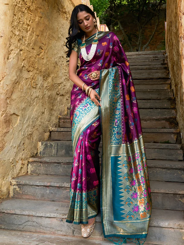 [Ready SG Stock] Wine Cotton Silk Woven Ethnic Motifs Saree with attached Blouse Material - Indian saree Office Formal Blouse