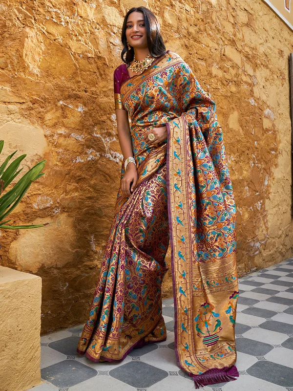 [Ready SG Stock] Wine Paithani Silk Woven Ethnic Motifs Saree with attached Blouse Material - Indian Saree Short Sleeve Blouse