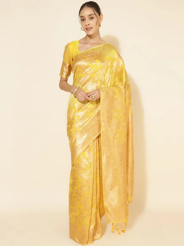[Ready SG Stock] Yellow Chanderi Silk Floral Saree with attached Blouse Material - Indian saree Cotton Casual Blouse
