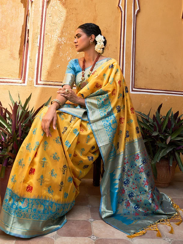[Ready SG Stock] Yellow Cotton Silk Woven Ethnic Motifs Saree with attached Blouse Material - Indian saree Casual Stripe Blouse