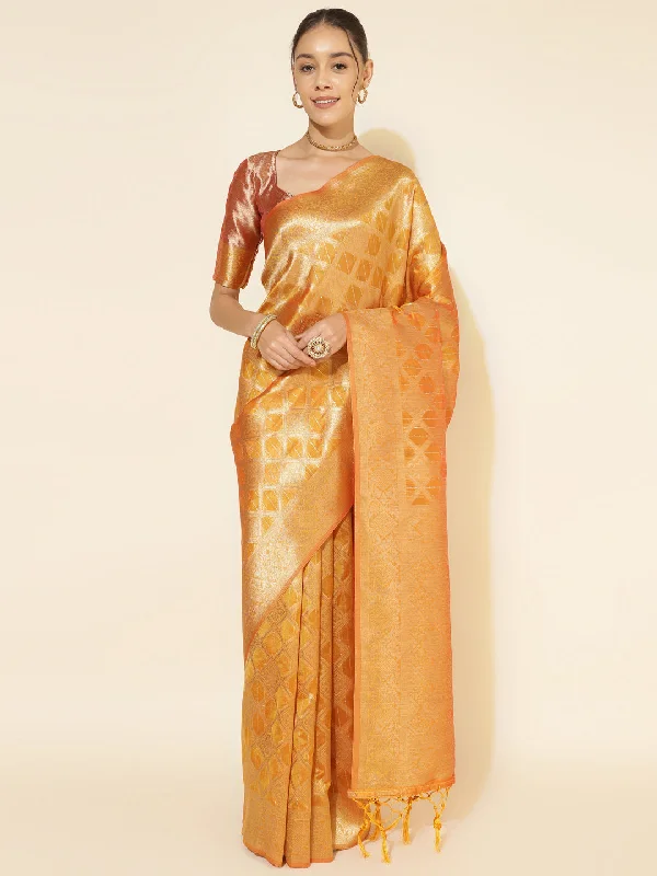 [Ready SG Stock] Yellow Organza Woven Ethnic Motifs Saree with attached Blouse Material - Indian saree Lightweight Floral Blouse