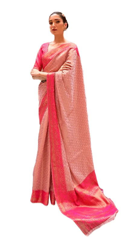 Rose Pink Zari Silk Saree with Brocade Blouse fabric Feminine Tie Blouse
