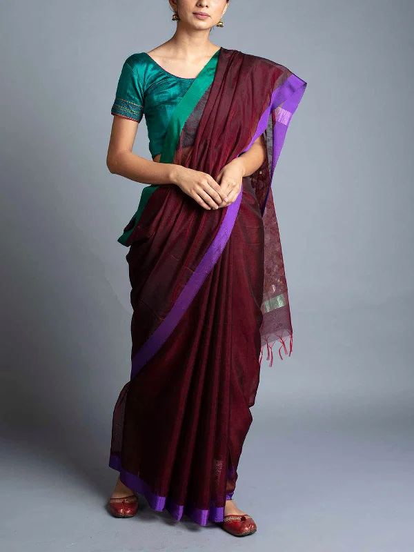 Rudraksh Palla Chanderi Burgundy Saree With Blouse Piece Playful Puff Blouse