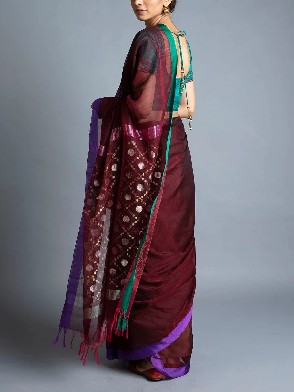 Rudraksh Palla Chanderi Maroon Saree With Blouse Piece Off-Shoulder Wrap Blouse