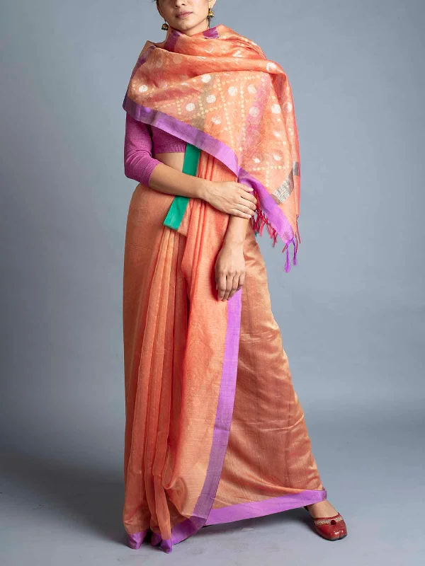 Rudraksh Palla Chanderi Saree Orange With Blouse Piece Floral Chiffon Blouse