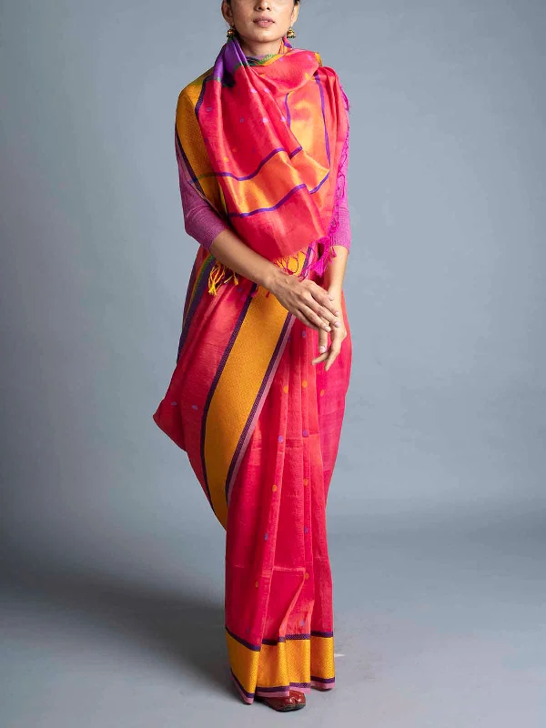 Silk Linen Maheshwari Saree Orange With Blouse Piece Elegant Peplum Blouse