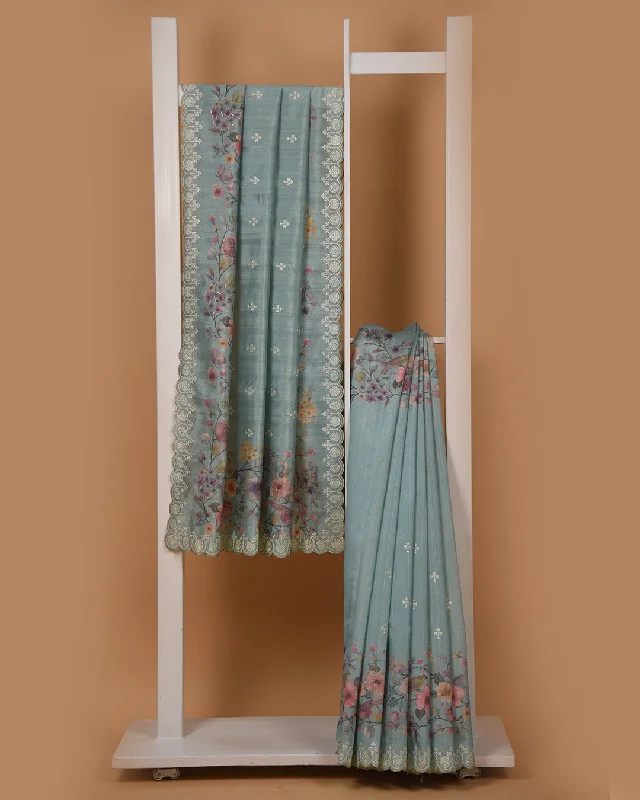 Turquoise Silk Blend Printed With Embroidery Saree With Silk Blend Printed Blouse Lightweight Floral Blouse Turquoise Silk Blend Printed With Embroidery Saree With Silk Blend Printed Blouse Lightweight Floral Blouse
