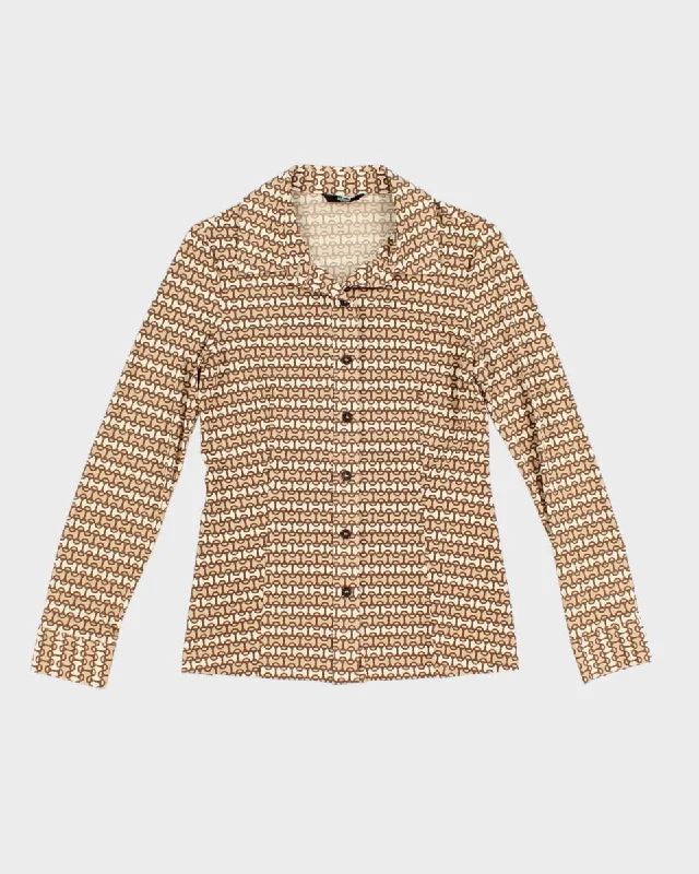 Vintage 00s Danimax Brown Printed Blouse - S Pleated Collar Blouse