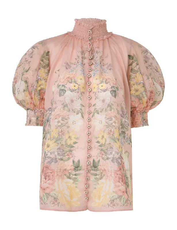Waverly Short Sleeve Blouse Pink Floral Feminine Ruffle Blouse