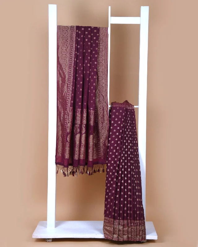 Wine Crepe Blend Woven Saree With Crepe Woven Blouse Silky Draped Blouse