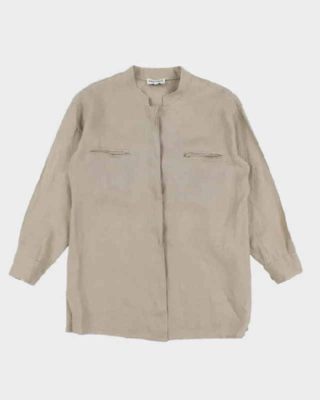Womens 1990s Giorgio Armani Taupe Linen Button Up Blouse - S Sleeveless Summer Blouse