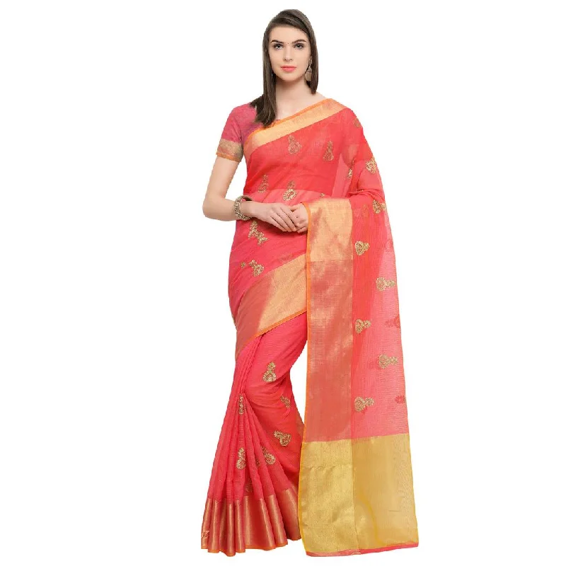 Women's embroided kota doria cotton saree with unstitched blouse piece Stylish Wrap Blouse