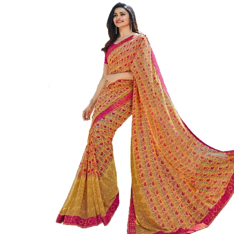 Women's Georgette Printed Lace Work Saree With Blouse Piece Chic Square Blouse