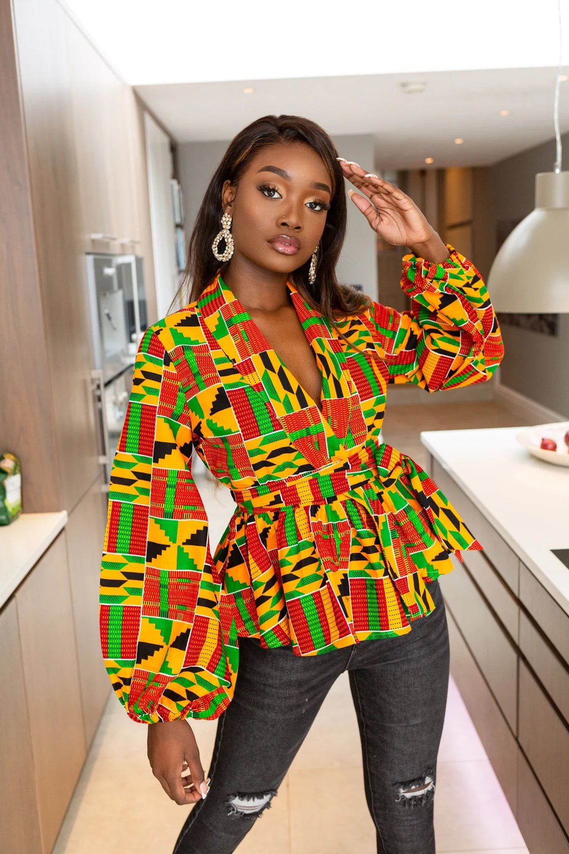 Exquisite African Kente Wrap Top for Women - Vibrant Ankara Blouse, Long Kenyan Style Drape Neck Blouse Exquisite African Kente Wrap Top for Women - Vibrant Ankara Blouse, Long Kenyan Style Drape Neck Blouse