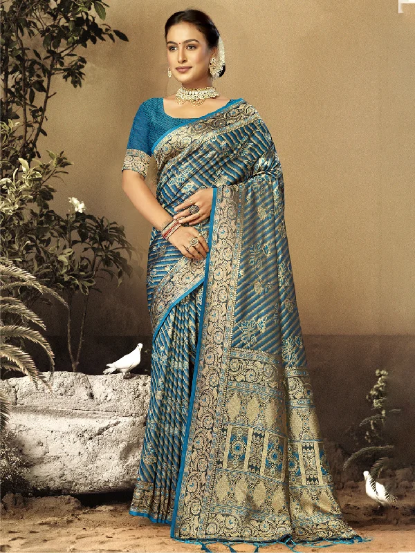 Women Blue Satin Silk Saree With Un Stitched Blouse Soft Knit Blouse