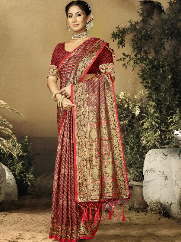 Women Red Satin Silk Saree With Un Stitched Blouse Loose Oversized Blouse