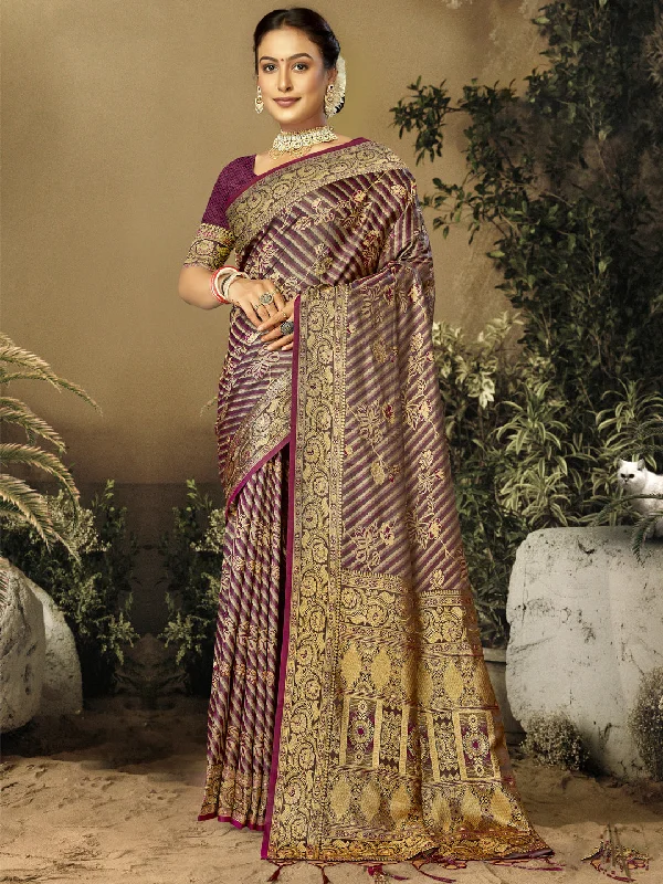 Women Wine Satin Silk Saree With Un Stitched Blouse Smart Business Blouse
