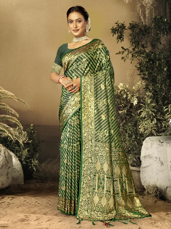 Women Green Satin Silk Saree With Un Stitched Blouse Office-Ready Blouse