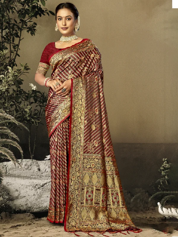 Women Maroon Satin Silk Saree With Un Stitched Blouse Peter Pan Collar Blouse