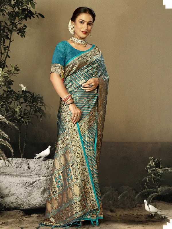Women Sky Blue Satin Silk Saree With Un Stitched Blouse Asymmetric Hem Blouse