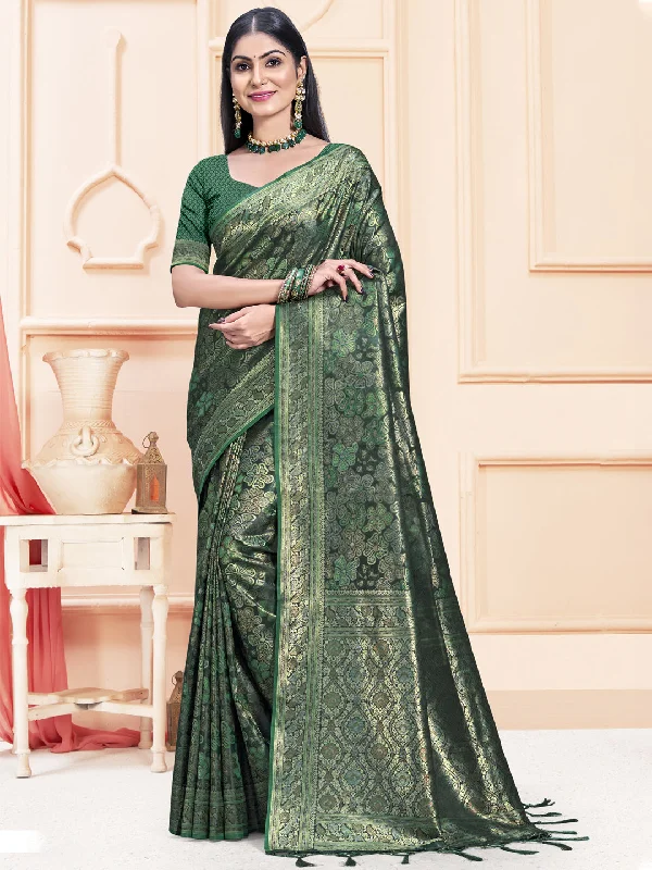 Women Green Satin Silk Saree With Un Stitched Blouse Satin Drape Blouse